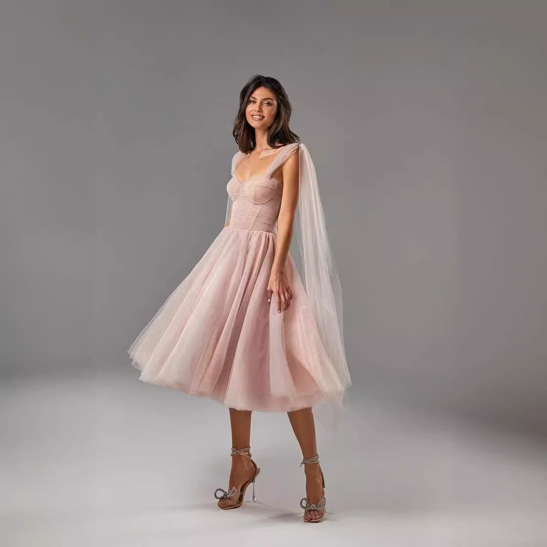 Sheer Overlay Fitted A-Line Evening Dress