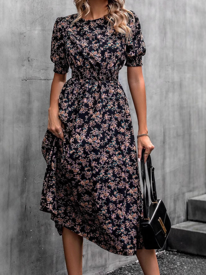 Women's Floral Midi Dress - Puff Sleeves - Smocked Waist - Elegant Garden Print