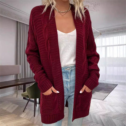 Women’s Cardigan – Wool Blend – Chunky Cable Knit – Oversized Fit – Open Front with Pockets