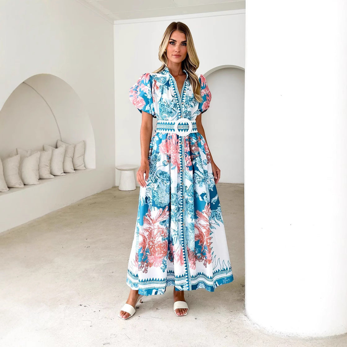 Printed Puff Sleeve Fitted Waist Long Dress