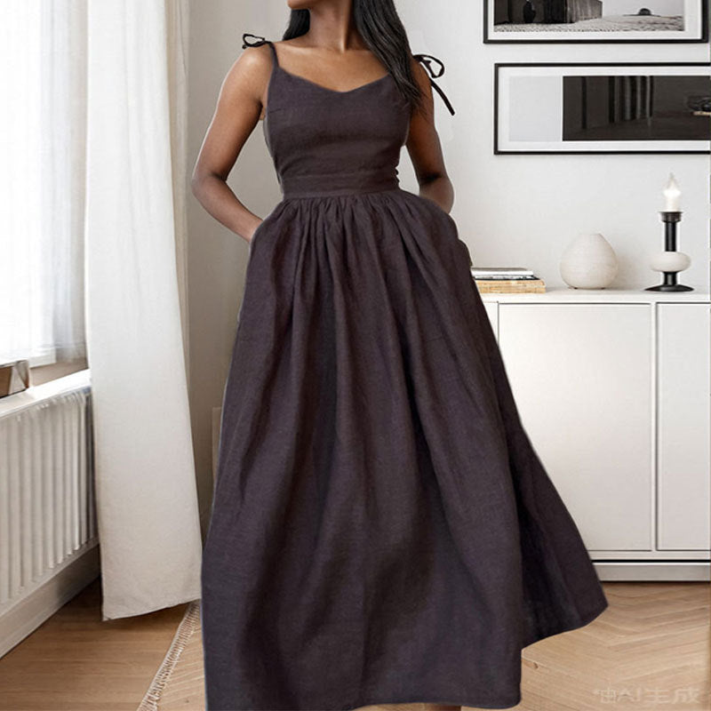 Women’s Midi Dress – Linen Blend – V-Neck – Open Back – Adjustable Straps – Side Slit