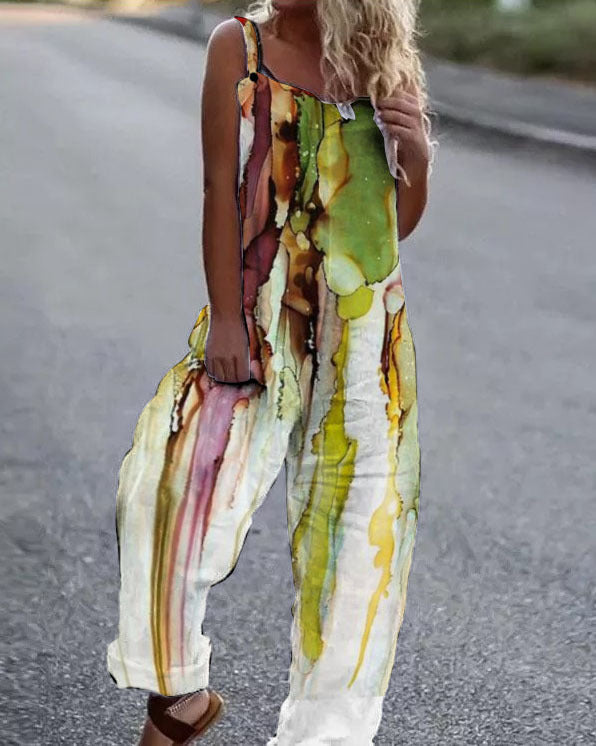 Women’s Jumpsuit – Artistic Floral Print – Relaxed Fit – Wide Leg – Adjustable Straps