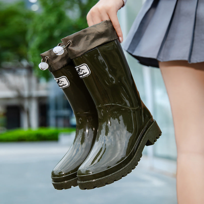 Waterproof Mid-Calf Drawstring Rain Boots