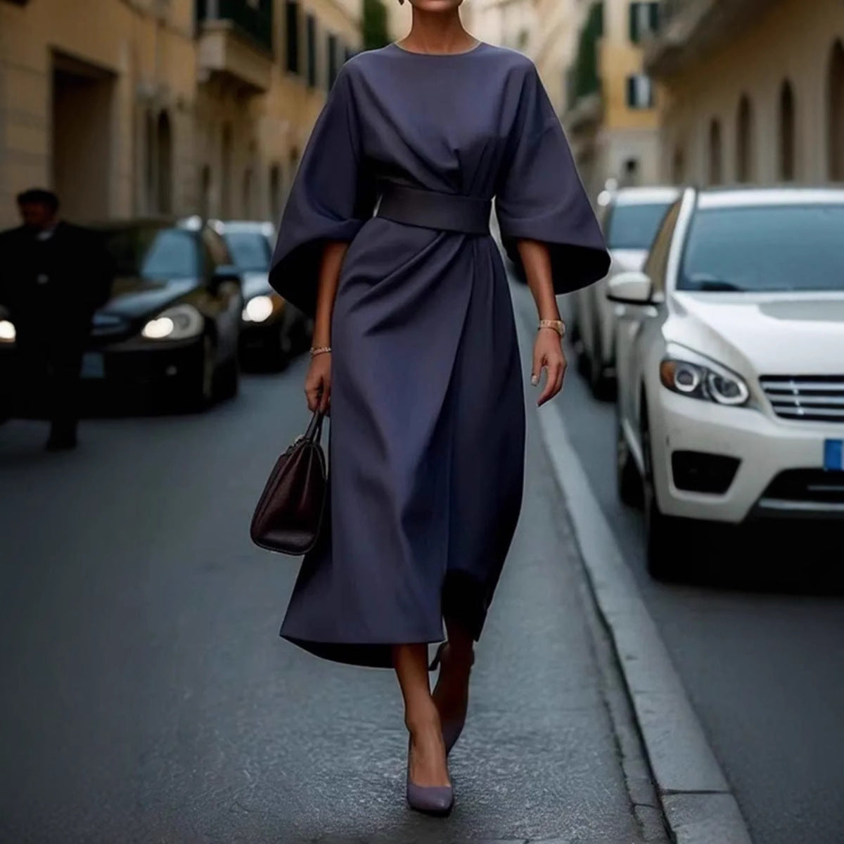 Women’s Long Dress – Batwing Sleeves – Draped Silhouette – Fitted Waist – Formal Wear