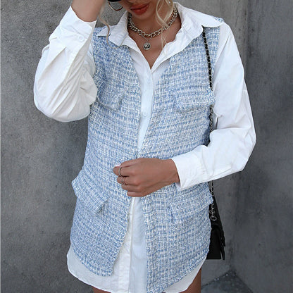Women’s Cardigan Vest – Houndstooth Plaid – Tweed Texture – Relaxed Fit – Mid-Length