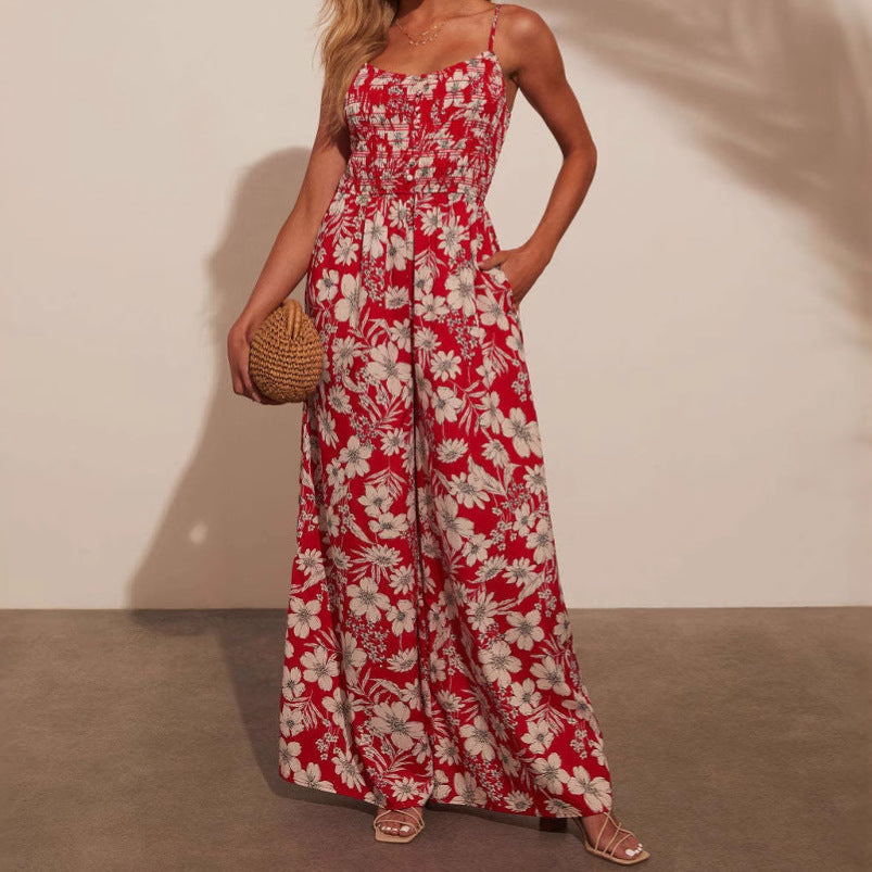 Women’s Jumpsuit – Floral Print – Smocked Bodice – Wide Leg – Spaghetti Straps