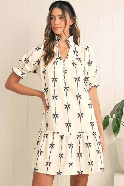 Women’s A-Line Dress – Lightweight Cotton – Puff Sleeves – Bow Pattern – Above Knee