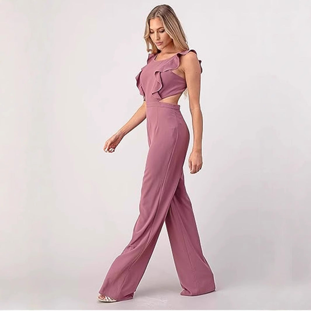 Ruffle Trim Cut-Out Waist Jumpsuit