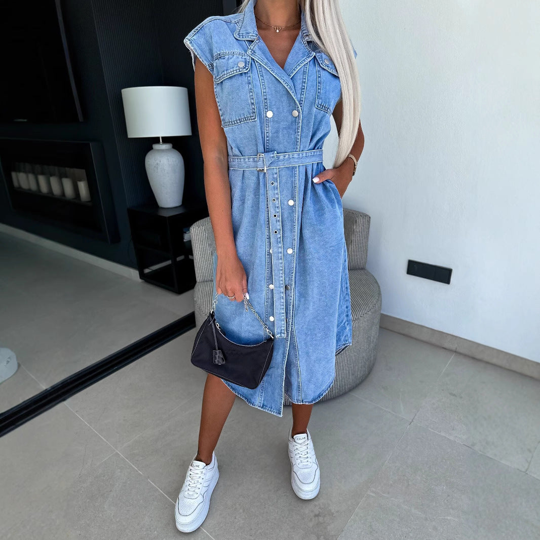 Belted Casual Fit Denim Midi Dress