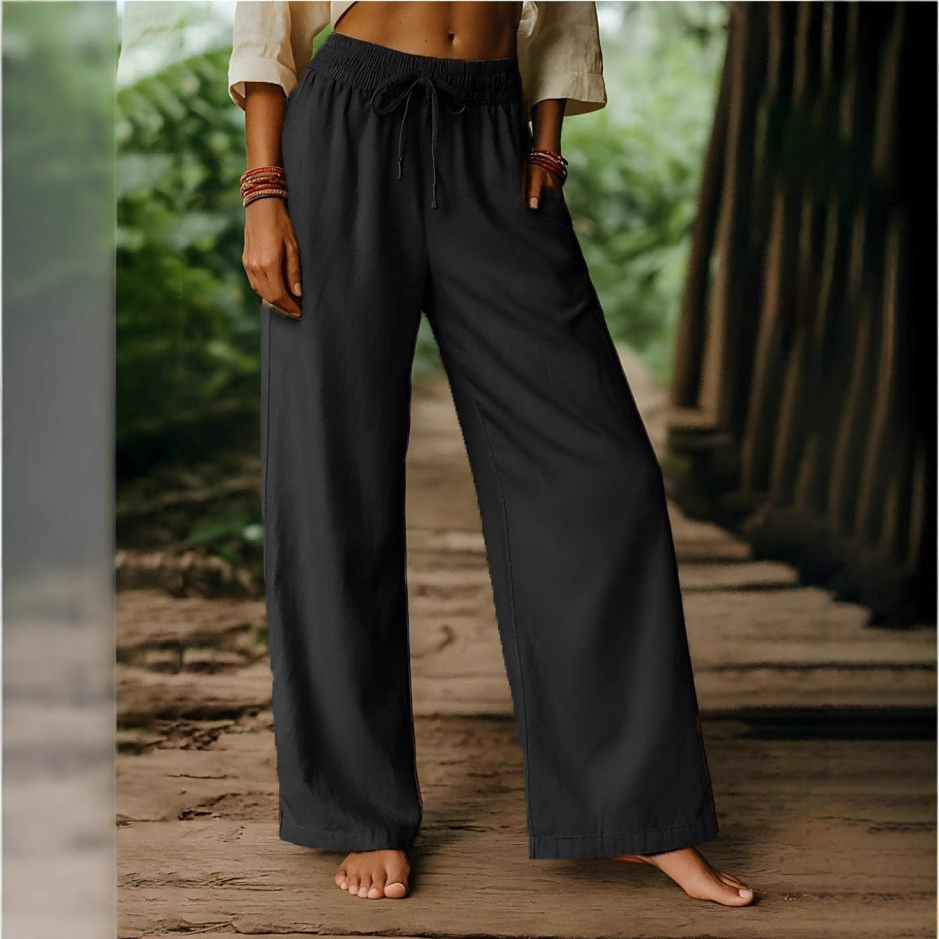 Women’s Wide Leg Pants – Relaxed Fit – Elastic Drawstring Waist – Breathable Cotton Linen