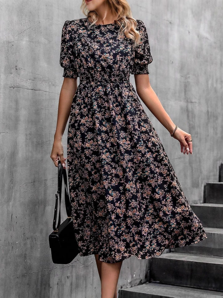 Floral Print Puff Sleeve Midi Dress