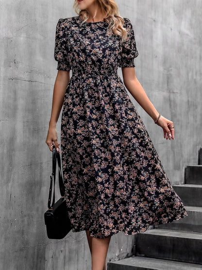 Women's Floral Midi Dress - Puff Sleeves - Smocked Waist - Elegant Garden Print