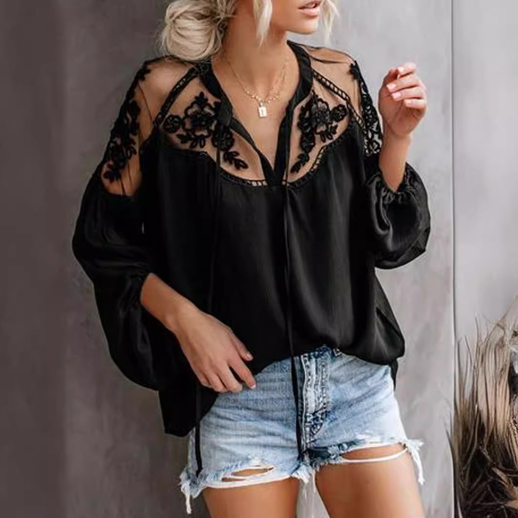 Mayla - sheer flowers embroidered bohemian long sleeve tops