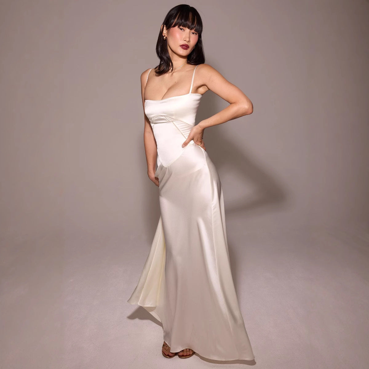 Women’s Midi Dress – Satin Feel – Slim Fit – A-Line – Lace Panel – Spaghetti Strap