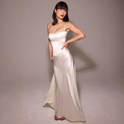 Women’s Midi Dress – Satin Feel – Slim Fit – A-Line – Lace Panel – Spaghetti Strap
