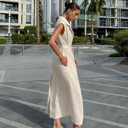 Women’s Dress – High-Waisted – Cotton Linen Blend – Sleeveless – Tie Waist – Full Slit