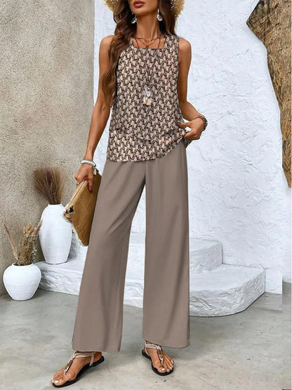 Women’s Two Piece Set – Sleeveless Layered Top – Wide Leg Floral Pants – Breathable Blend