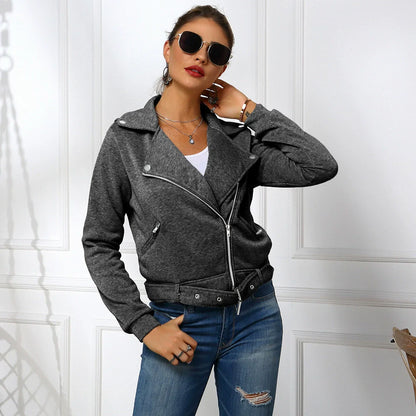 Women’s Short Jacket – Slim Fit – Lapel Collar – Asymmetrical Zip – Cotton Blend