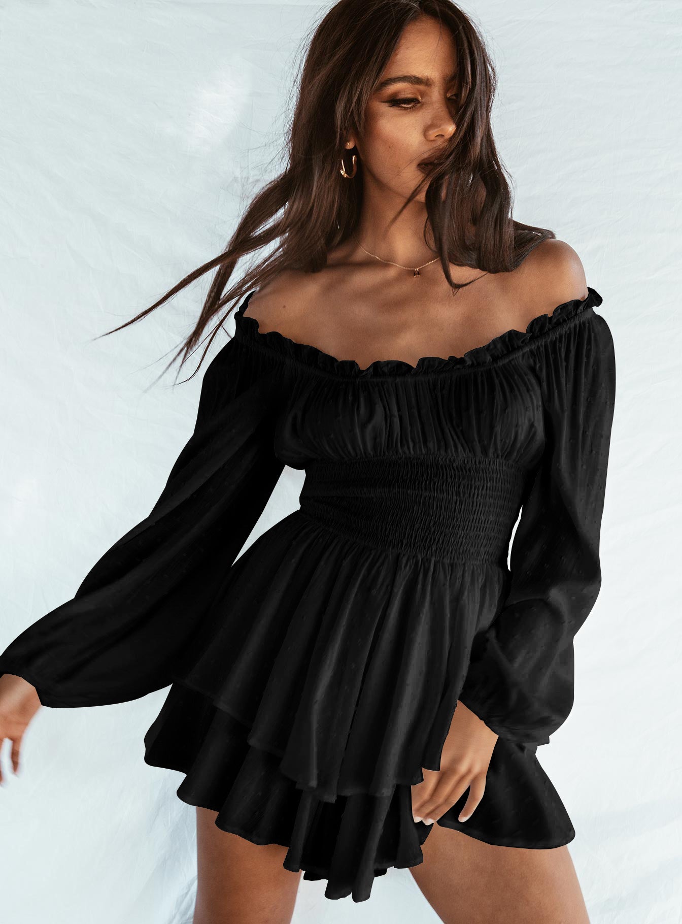 Flowing Ruffle Hem Off-Shoulder Shirred Dress