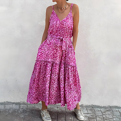 Women’s Midi Dress – V-Neck Sleeveless – Relaxed Fit – Tiered Skirt – Waist Tie – Printed