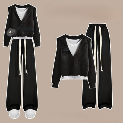 Women’s Knit Lounge Set – V-Neck Sweater – Wide-Leg Pants – Relaxed Fit – Soft Fabric