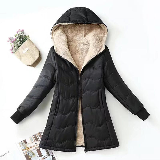 Quilted Sherpa Lined Hooded Mid-Length Coat 