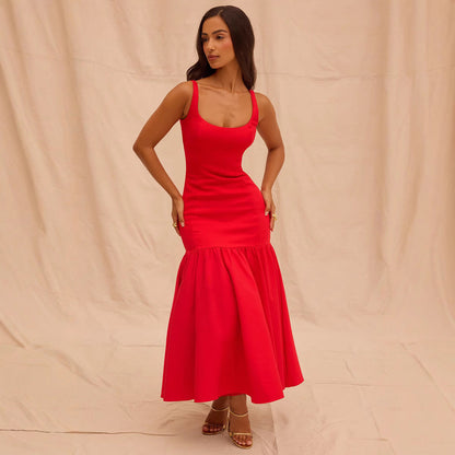 Women’s Evening Dress – Satin Fabric – Fitted Silhouette – Sleeveless Scoop Neck – Midi Length