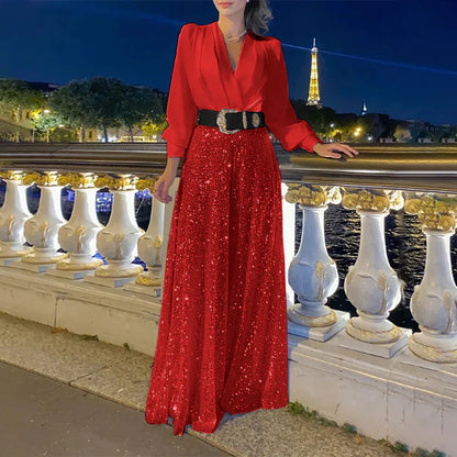 Women's v-neck top with sparkly wide leg pants set