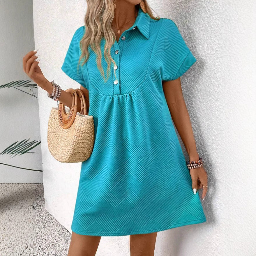 Women’s Polo Dress – Relaxed Fit – Textured Fabric – Short Batwing Sleeve – Above Knee