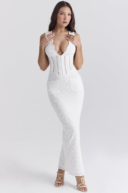 Women’s Lace Dress – Fitted High Waist – Plunging Neckline – Full Length Formal Gown