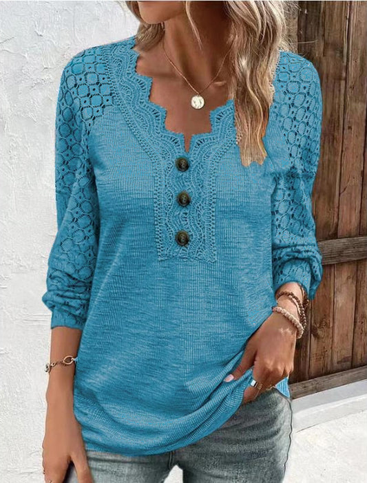 Crochet Lace Detail V-Neck Button Down Blouse