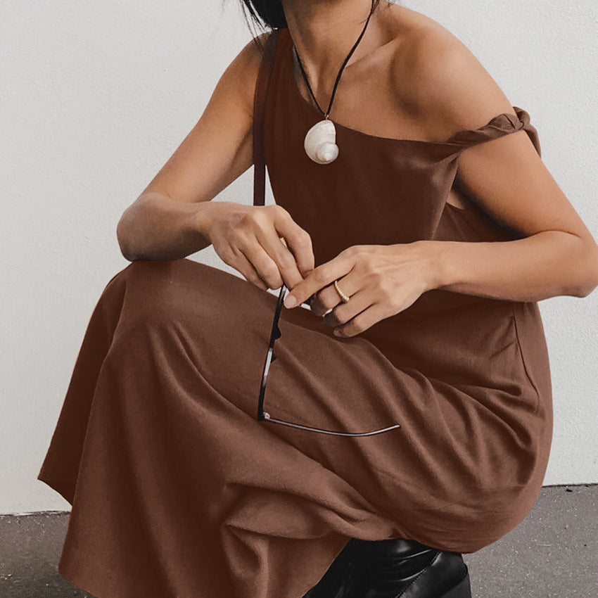 Women’s One-Shoulder Dress – Cotton Linen Blend – Slim Fit – Full Length – Minimalist Style
