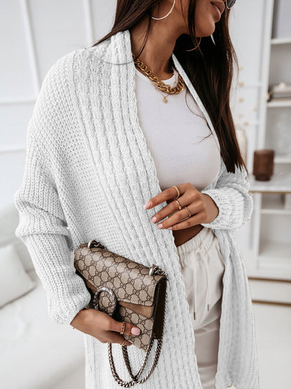 Women’s Long Cardigan – Wool Knit – Relaxed Fit – Open Front – Ribbed Texture Layer