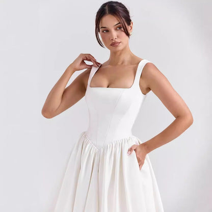 Women’s Maxi Dress – Cotton – Fitted Waist – Square Neck – Flared Skirt – Pleated