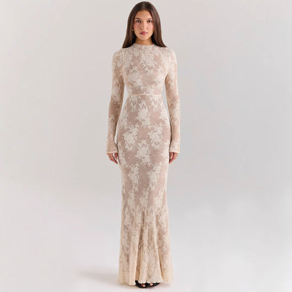 Women’s Lace Gown – Slim Fit – High Neck – Long Sleeve – Fishtail Hem – Formal Dress
