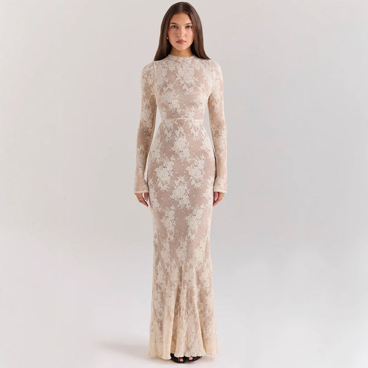 Lace Slim Fit High Neck Gown Dress