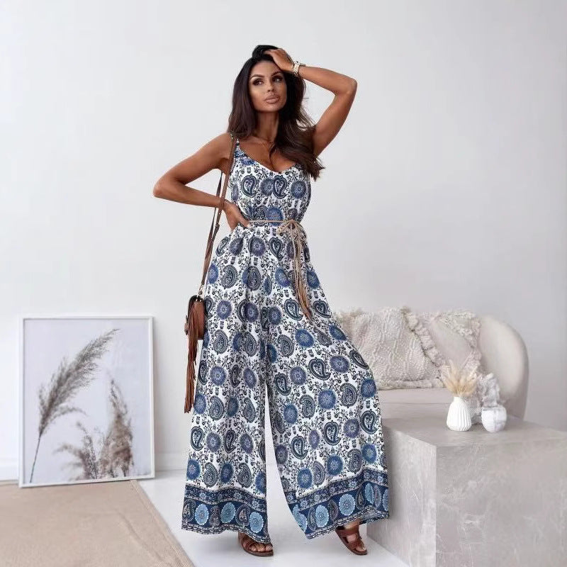 Women’s Jumpsuit – Lightweight Wide-Leg – V-Neck Spaghetti Strap – Belted Waist