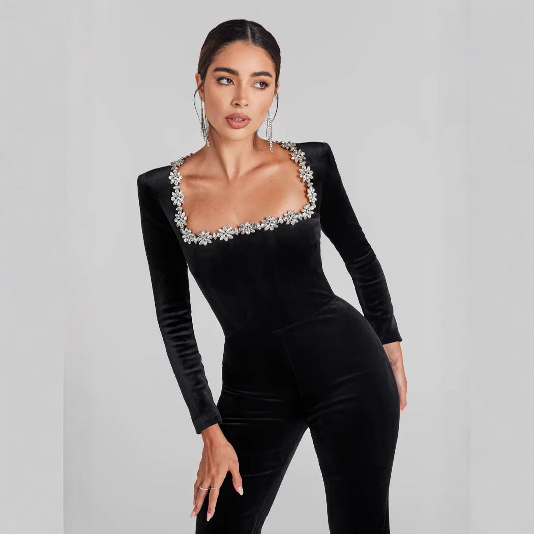 Women’s Jumpsuit – Slim Fit – Velvet Fabric – Embellished Neckline – Long Sleeve