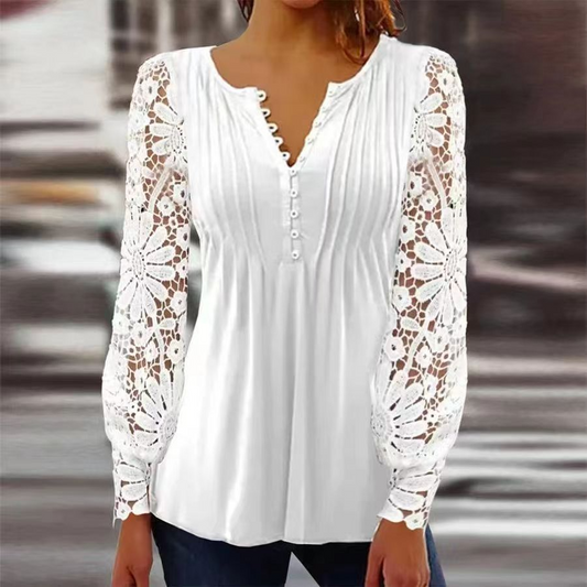 Lace Sleeve Relaxed Fit Pleated Blouse