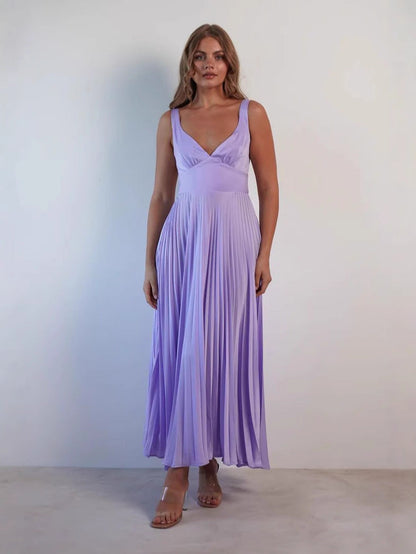 Women’s Midi Dress – Satin Finish – V-Neck – Ruched Bodice – Pleated Skirt – Spaghetti Straps