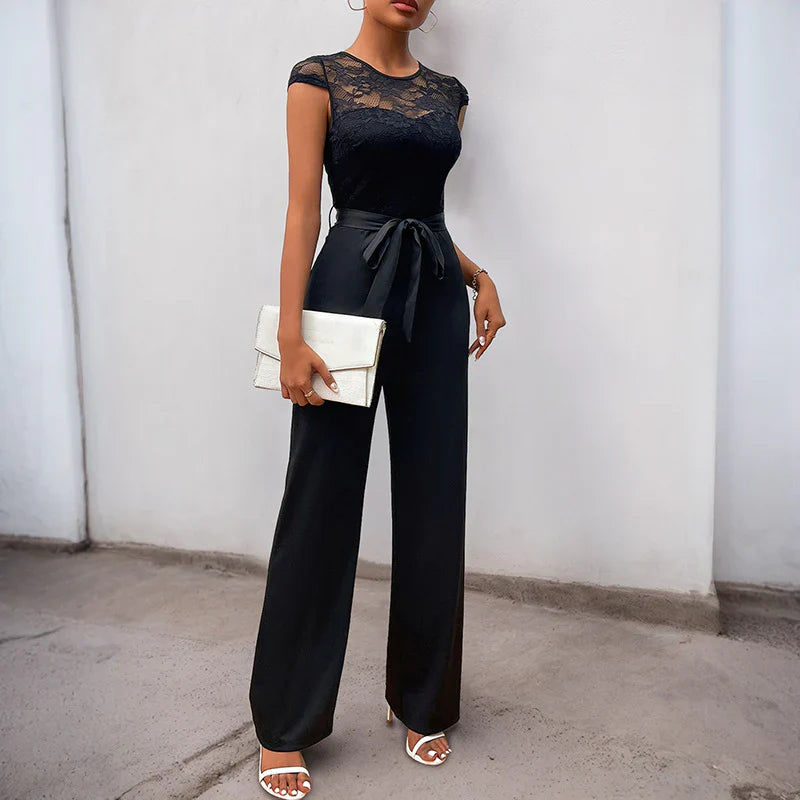 Women’s Jumpsuit – Lace Bodice – Tailored Fit – Belted Waist – Wide Leg Elegant Style