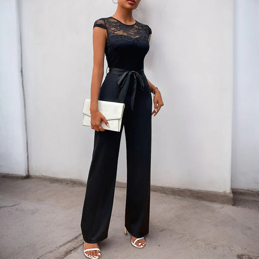 Lace Bodice Tailored Belted Waist Jumpsuit 