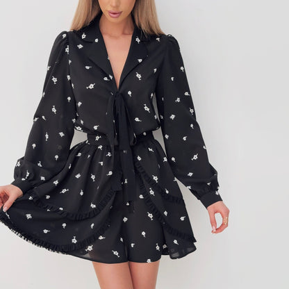 Women’s Mini Dress – Chiffon – V-Neck – Long Sleeve – Ruffle Skirt – Floral Print