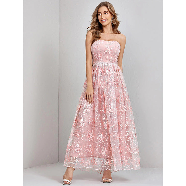 Women’s Strapless Evening Dress – Lace Embroidered – Flowy Full-Length Fit