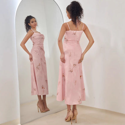 Women’s Midi Dress – Satin Feel – A-Line Fit – Strappy Draped Bodice – Floral Detail