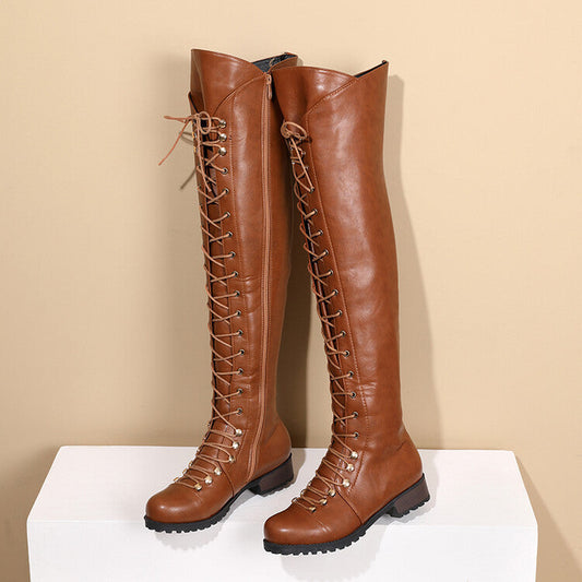 Lace-Up Low Heel Form-Fitting Boots 