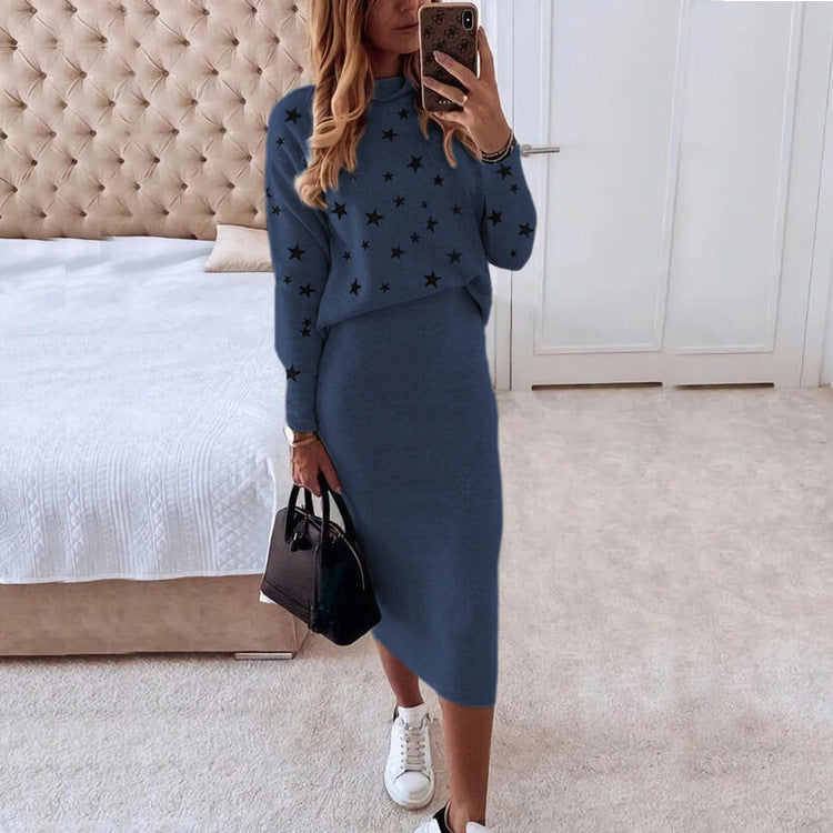 Women’s Two-Piece Set – Knit High Neck Top with Stars – Slim Fit Midi Skirt