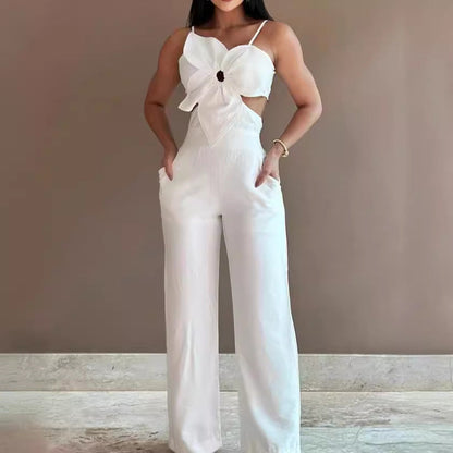 Women’s Jumpsuit – Wide Leg – Backless – Bow Front – Cut-Out – Spaghetti Straps