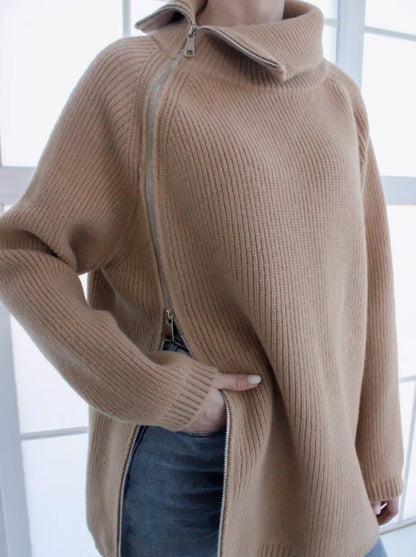 Women’s Knit Pullover Sweater – Oversized Fit – Ribbed Wool Texture – Asymmetrical Zipper
