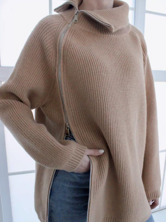 Ribbed Knit Oversized Zipper Pullover Sweater 